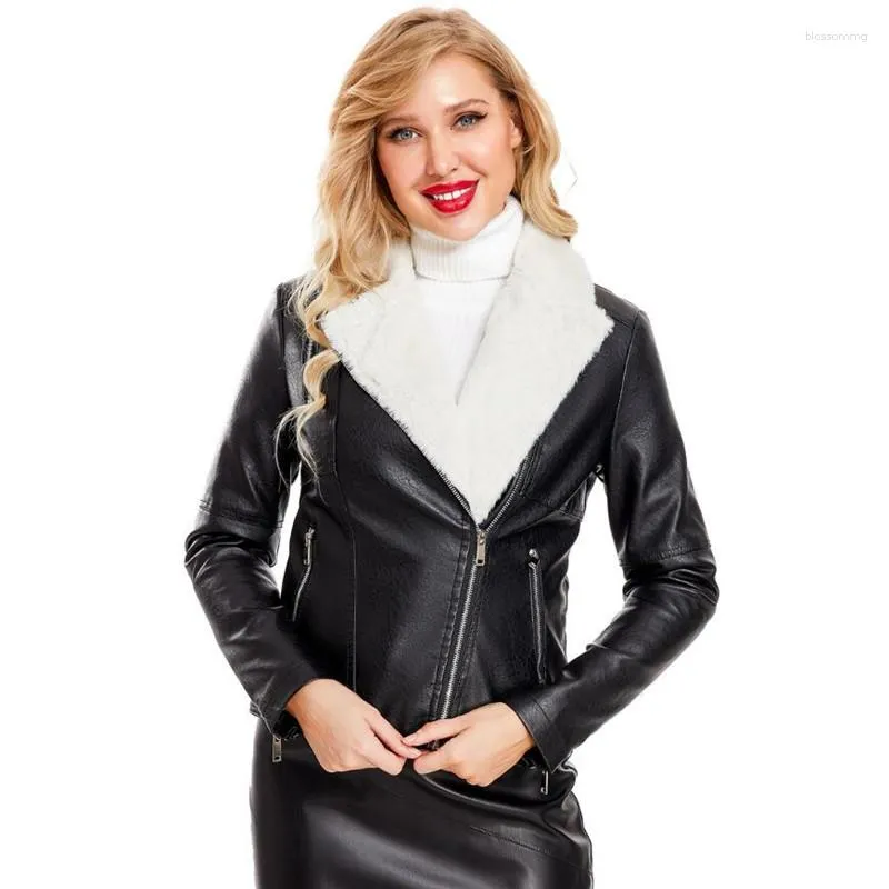 Veste en cuir PU pour femme, manteau chaud avec col en fourrure et velours, mode Moto Streetwear, automne-hiver 2023, S659