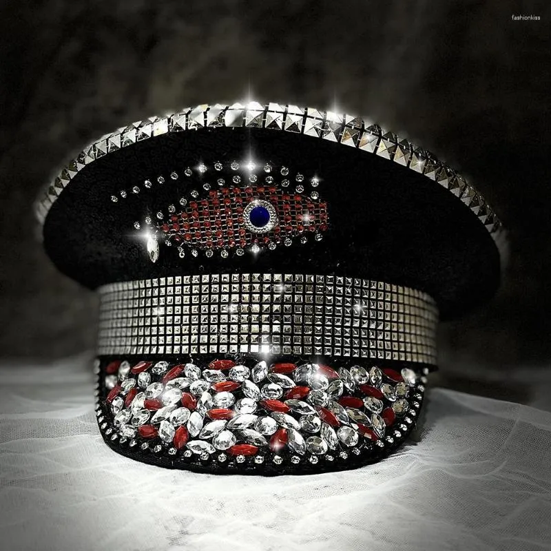 Bérets femmes hommes luxe strass militaire chapeau oeil sergent capitaine Festival anniversaire partie poule faire
