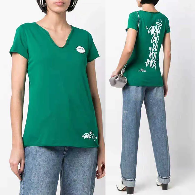 ZADIG VOLTAIAR 23SSデザイナーTシャツ女性のTシャツ夏の新しいフランスのマイノリティZVスモールスマイリングフェイスレター印刷Uネックグリーンコットン女性用短袖Tシャツ