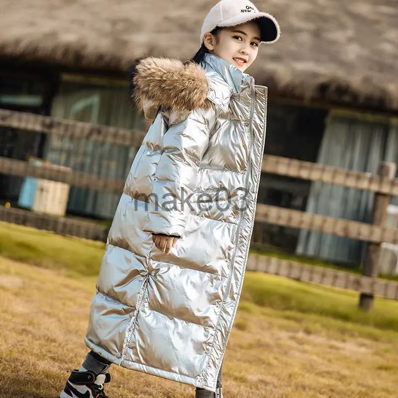 Вниз пальто 2023 Зимние подростки девочки Long Parka Shiny Bloy The Warm Warm Surate Kinding Down Куртка водонепроницаем