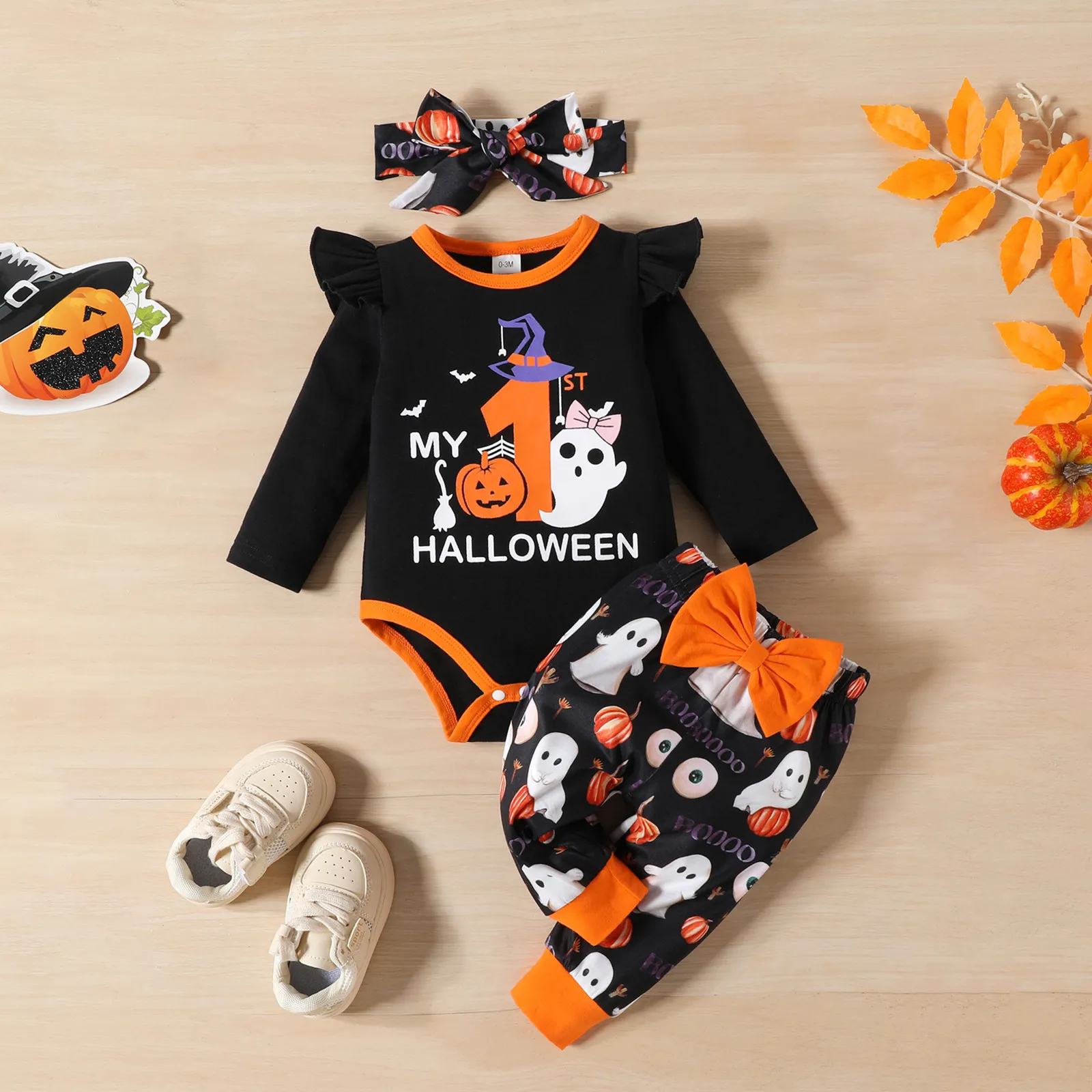 Rompers 2023 Halloween bambine 2 pezzi Set di abiti set di cotone a maniche lunghe Pumpkin Ghost Ghost Knotbow Pantaloni Abiti per neonati 230823