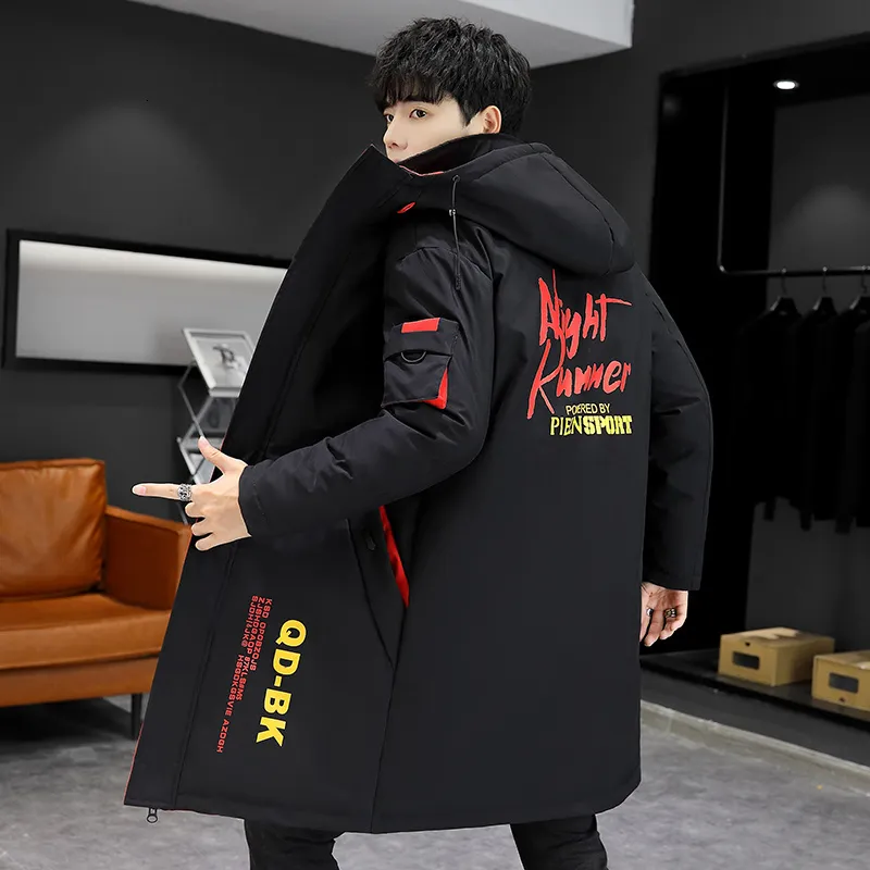 Herrjackor vinter Slim Long Trench Coat Män bokstavstil huva överrock svart hiphop streetwear höst koreansk mensjacka 230822