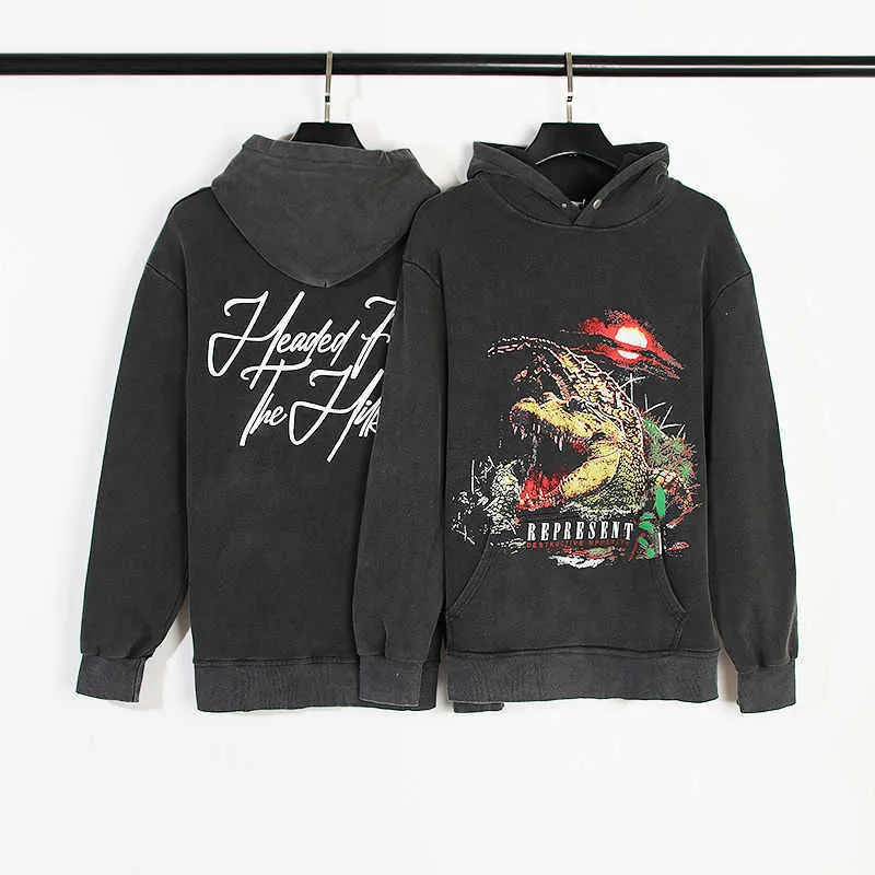 Washed Black Crocodile Print Streetwear Hoodie for Men 100 Cotton Loose Fit Long Sleeve