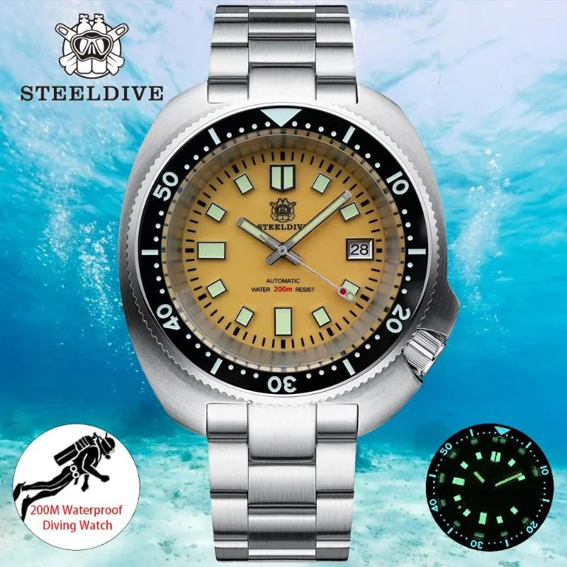 Armbandsur SteelDive SD1974 MENS Automatisk mekanisk klocka gul urtavla svart keramisk bezel nh35 200 m vattentät lysande dykklockor