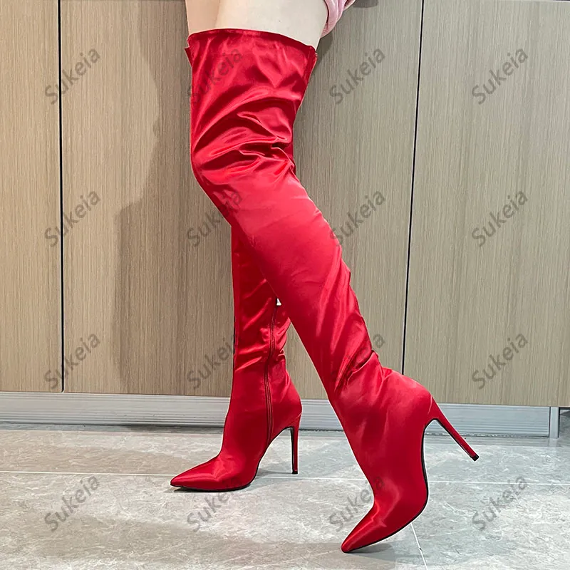 Sukeia Handmade Girl Over Knee Boots Satin Stiletto Heels Pointed