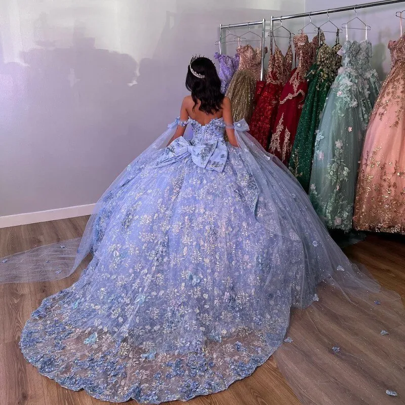 Vestidos de quincea era azul cielo sin mangas vestido de baile con lentejuelas de cristal y hombros descubiertos cors de flores 3D Vestidos Para