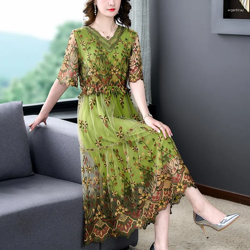 Party Dresses Summer Embroidery Natural Silk Mesh Floral Sexig Midi Dress 2023 Spring Korea Fashion Beach Women Luxury Elegant Robe