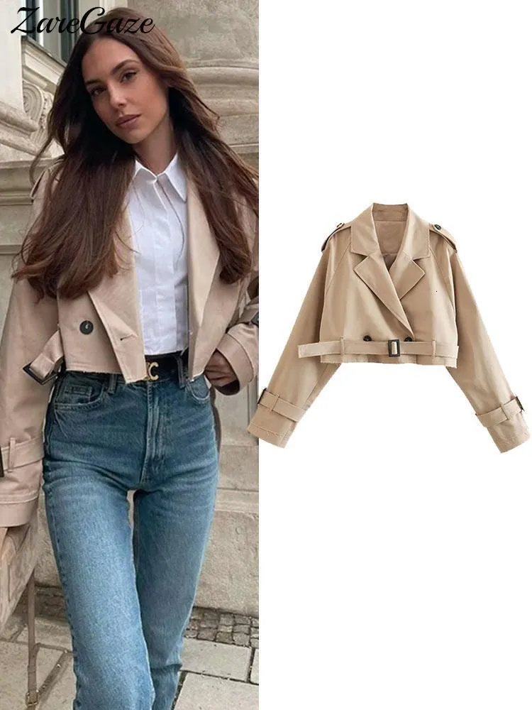 Women's Jacket's Short Jacket Khaki Cropped Trench Coat Lapel Collar Top Long Sleeve Jackets With Belt Female Spring Streetwear 230822
