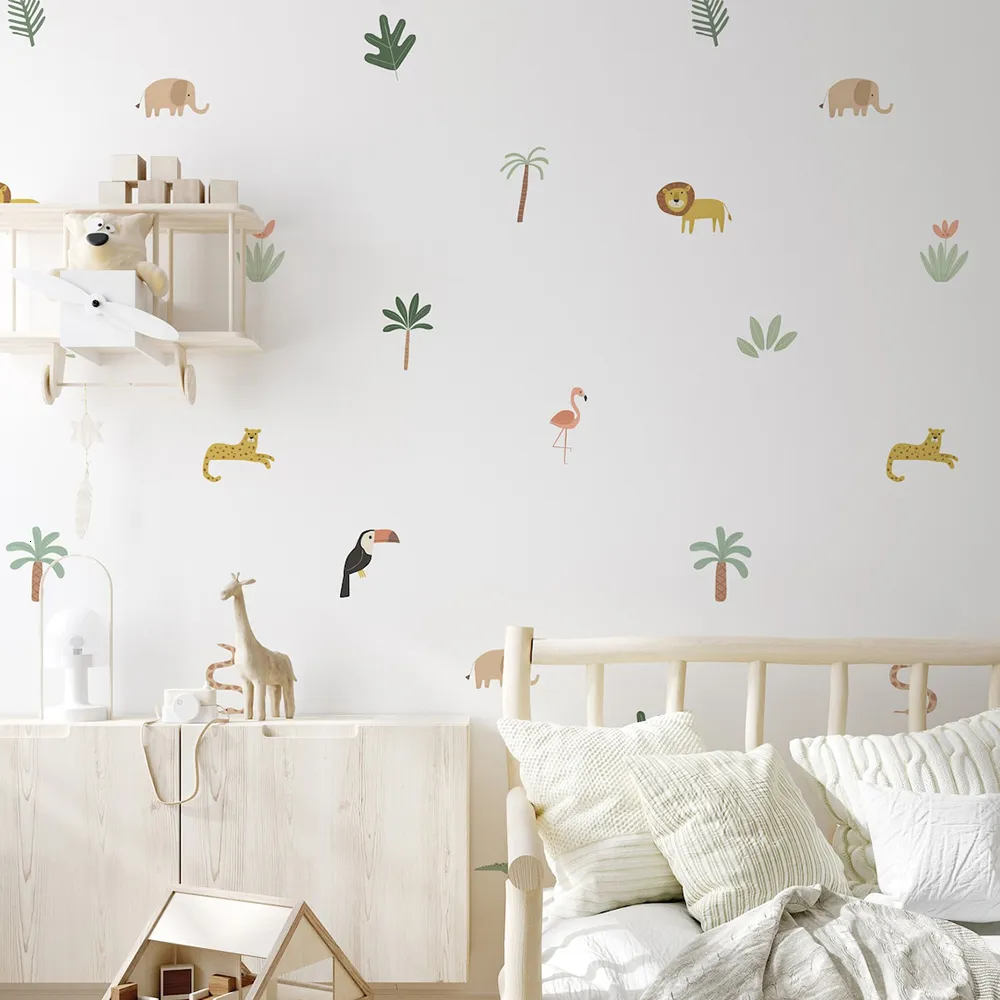 Wall Stickers Watercolor Cartoon Cute Lion Woodpecker Leopard Animals Nursery for Kids Room Bedroom Decor Decals Wallpaper 230822