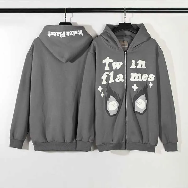 Broken Planet American High Street BP Twin Flame Flaming Zapip Bluza z kapturem FY2K Hoam z Hoam Graffiti Letter High Street Hoodie Coat Pullover Women Kuitu z długim rękawem