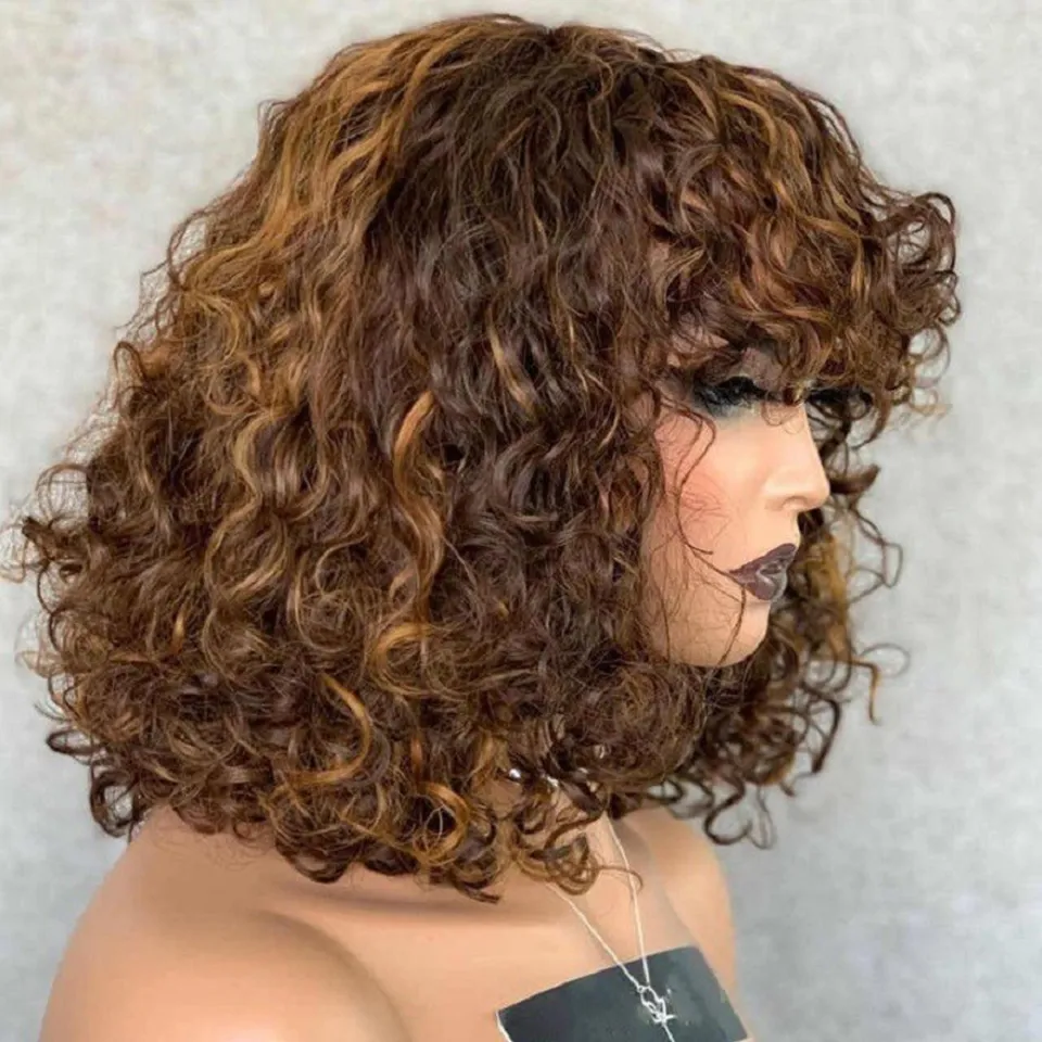 Deep Wave Human Hair Wigs with Bangs Full Machine Fringe Wig Short Curly Bob Wig 99J Brown Colored Wigs Remy Hair 180 Density