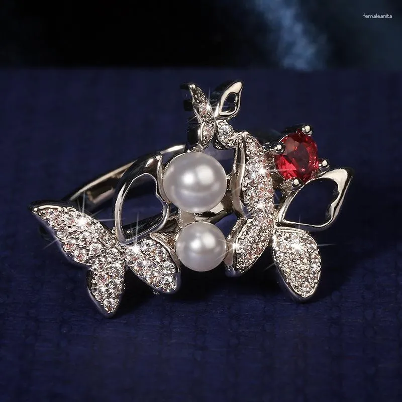 Wedding Rings Korean Light Luxury Micro Inlaid Vintage Bowknot Zircon Fairy Temperament Ring Gentle Wind Pearl Engagement