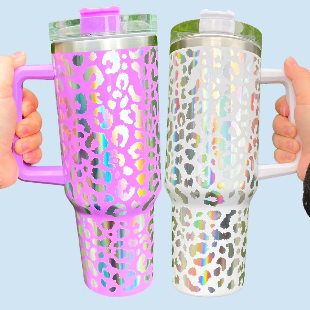 40oz Big Capacity Laser Engraving Holographic Leopard Print Double Wall Stainless Steel Vinyl Wrap Decal Tumbler Mugs Outdoor Camping Cup with Handle and Straw