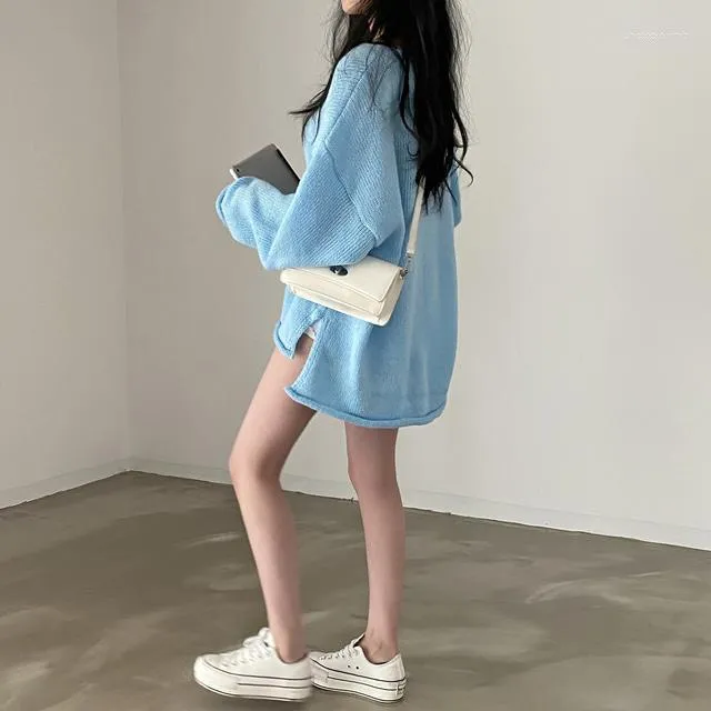 Pulls pour femmes Bleu Baggy Pull Femmes Pulls Tricots Côté-Slit Designer Mode Coréenne Streetwear Y2k Vêtements O-Cou Chic 2023