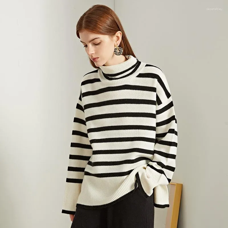 Pulls pour femmes Blanc et Noir Rayures classiques Chaud Laine Col roulé Pull à manches longues 2023 Automne Hiver Pull Femme 1022