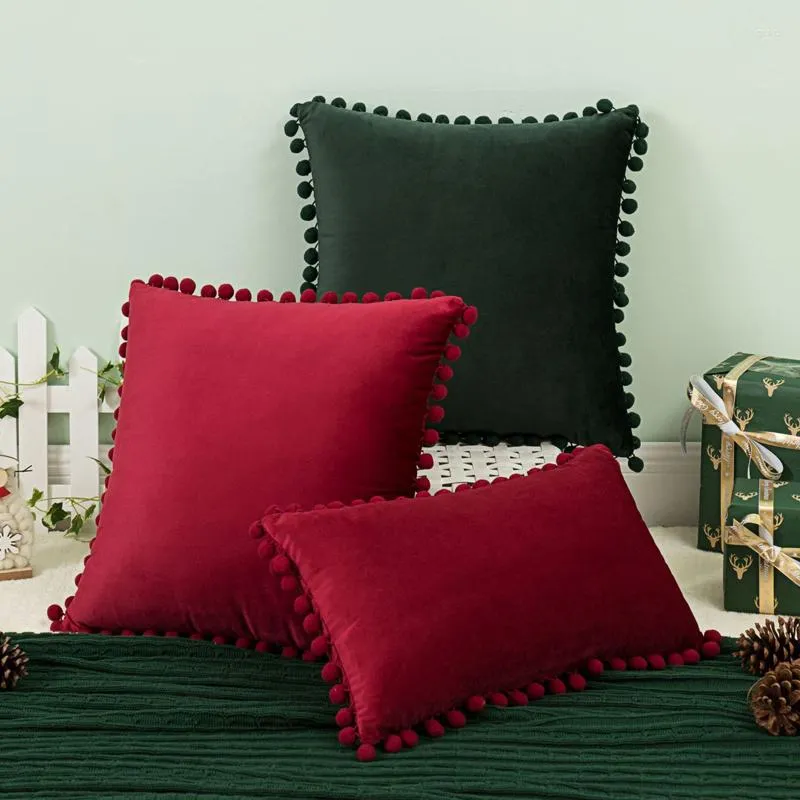 Kussen 2 stks pompom ball covers kerstdecoratie rood groen witte massief zacht fluwelen woonkamer bedbank bank bank