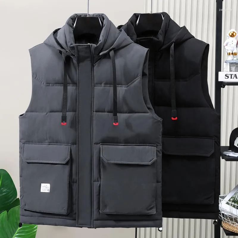 Coletes masculinos de tamanho grande parkas de parkas 2023 marca de inverno casaco de inverno estilo coreano colete com capuz quente com bolsos grandes