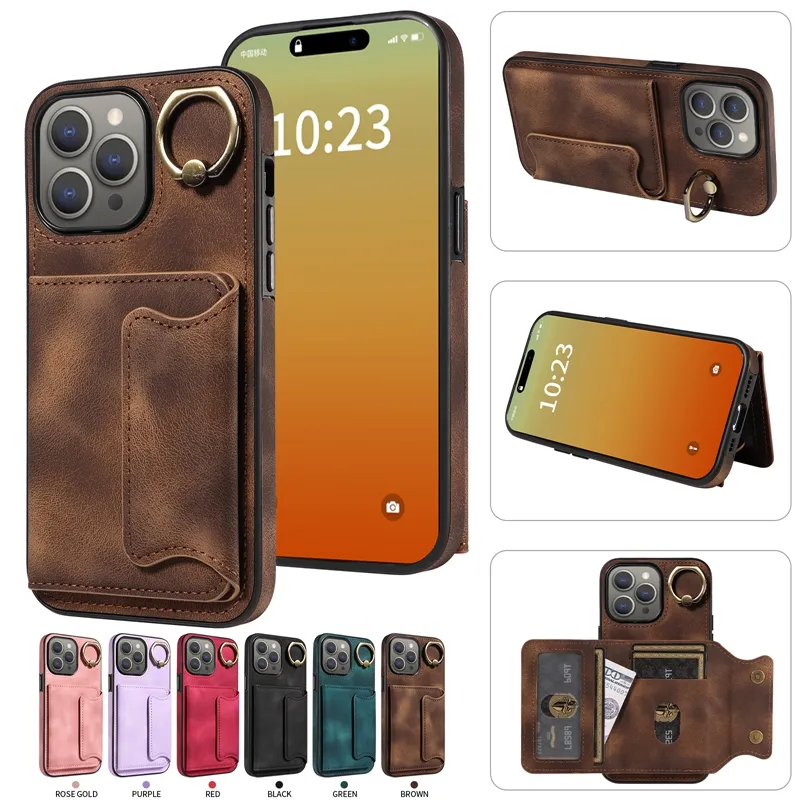 Card Slot Pack Leather Wallet Cases For Iphone 15 Plus 14 Pro 13 12 11 X XR XS MAX 8 7 Fashion Metal Finger Ring Holder Phone Back Cover Kickstand Book Cash Stand Pouch