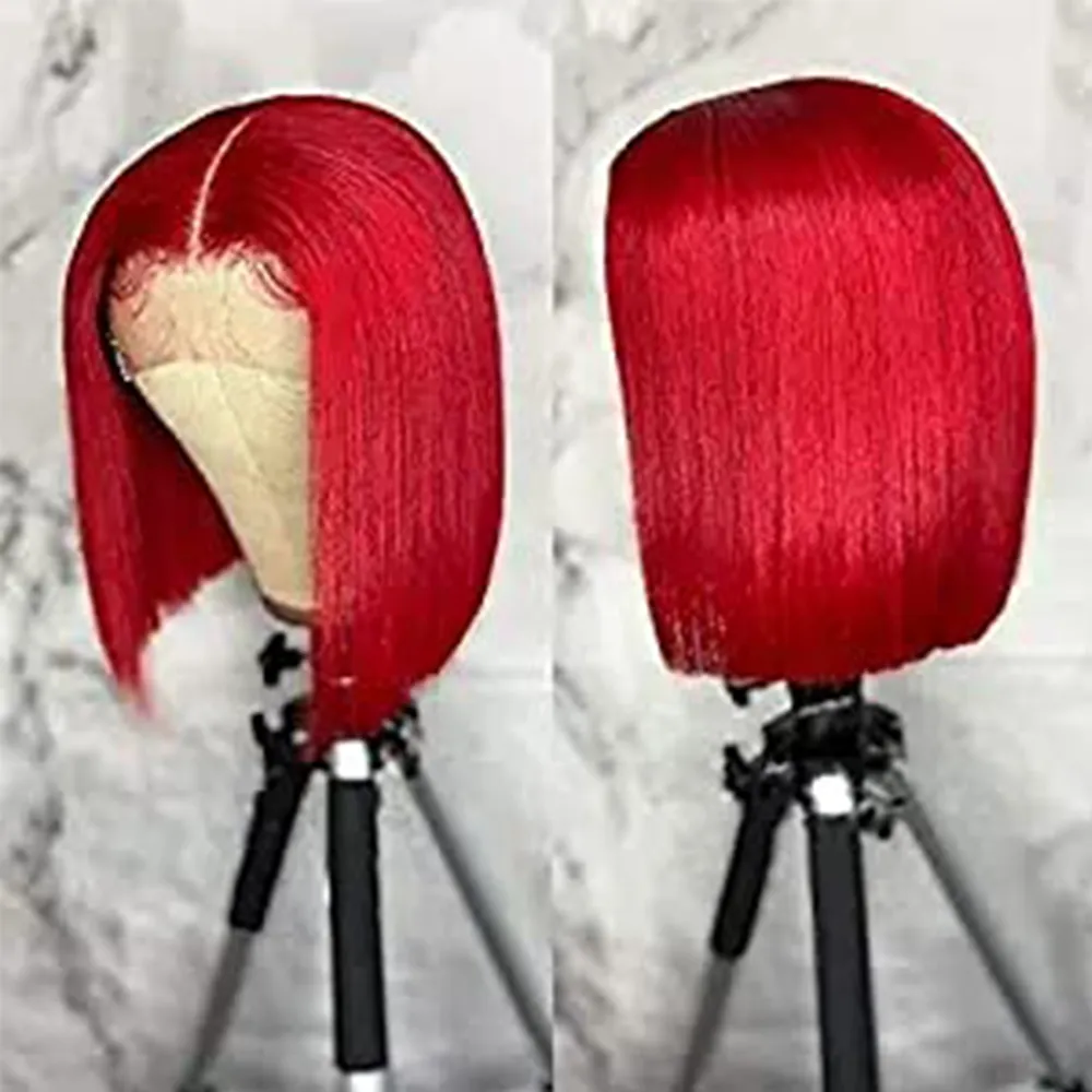 220% densité rouge court Bob 13*1 dentelle avant perruques de cheveux humains pour les femmes brésilienne transparente perruque de cheveux humains droite couleur Remy cheveux