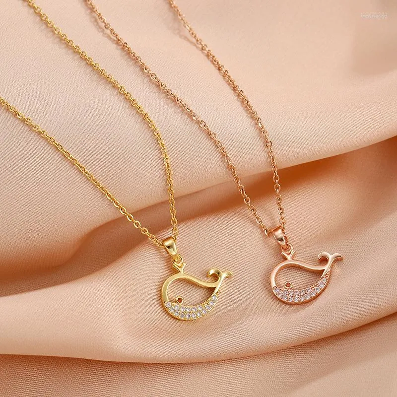 Ketten zierlich 18K Gold plattiert Edelstahl Süßes Zirkon Wale Anhänger Halskette Cartoon Tierkette auf Hals Accessoires Schmuck Geschenk