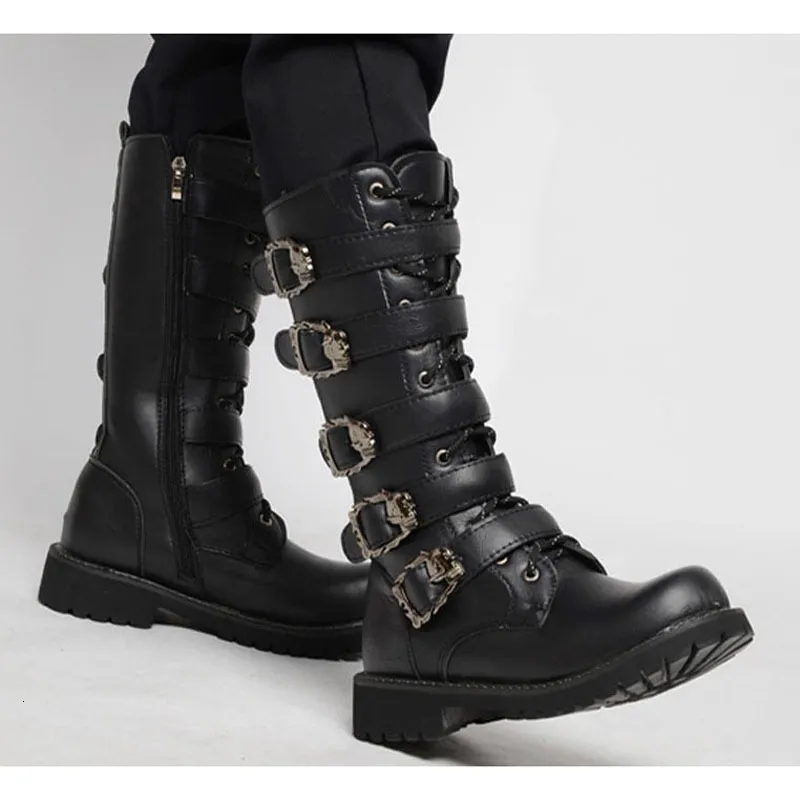 Stivali stivali da moto in pelle da uomo militari cintura gotica scarpe punk outdoor tattiche 230823