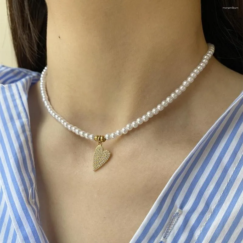 Pendant Necklaces Cute Heart Pave Setting Zircon Imitation Pearl Necklace For Women Collar Handmade Stainless Steel Clasp Gold Color