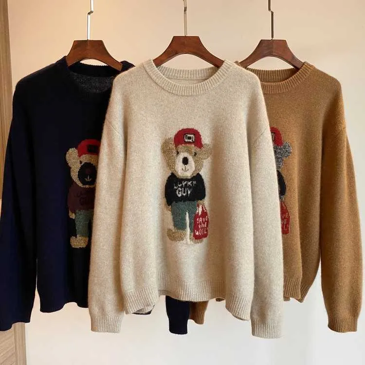 Amour doux dessin animé mignon petit ours laine jacquard mélangé tricoté pull à col rond en vrac automne hiver Ralphs Laurens pull à capuche designer 757