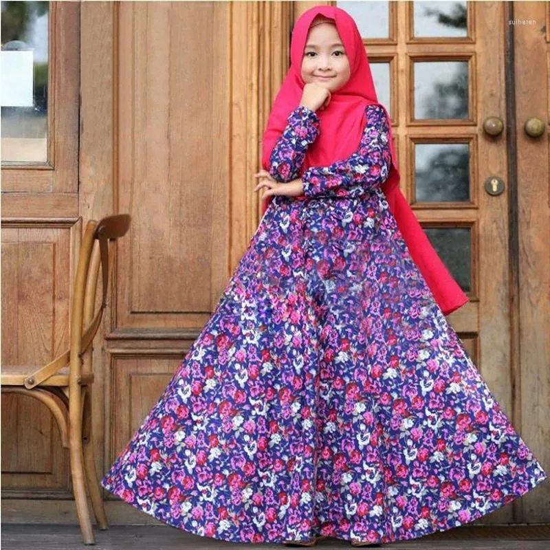 Abbigliamento etnico Stampa musulmana Maxi Dress Sets Children Abaya Kids Hijab Scarf Girl Gowns Long abito Kimono Cute Jubah Eid Ramadan Arabo Islamic