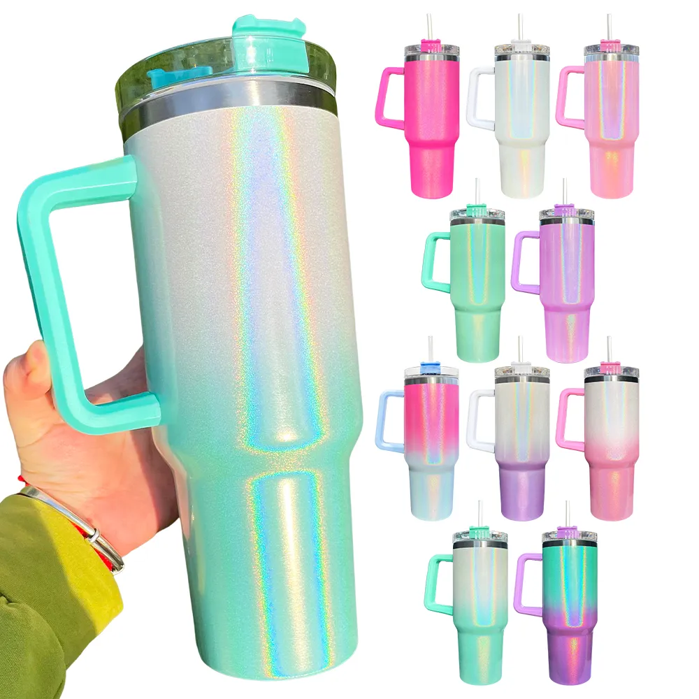 USA Warehouse 40oz rostfritt stål Vit Purple Rose Pink Green Ombre Shimmer Holographic Glitter Rainbow Sublimation Tumbler Outdoor Travel Mugg Water Bottle