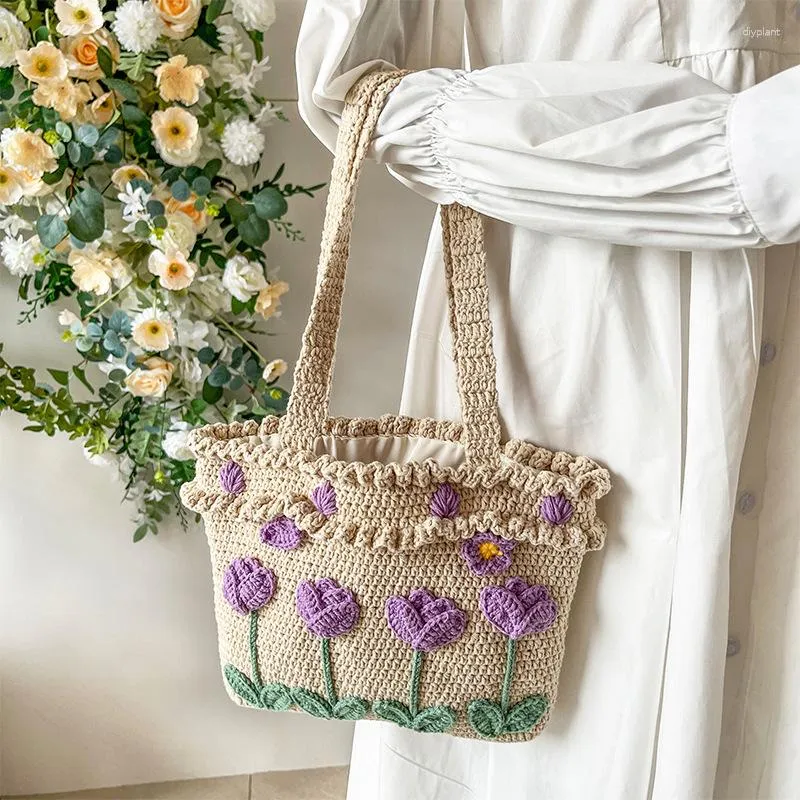 Evening Bags Handmade Women Shoulder Bag Cotton Thread Crocheted Tulip Flower Ladies Purses And Handbag With Lining Elegant Bolso Mujer