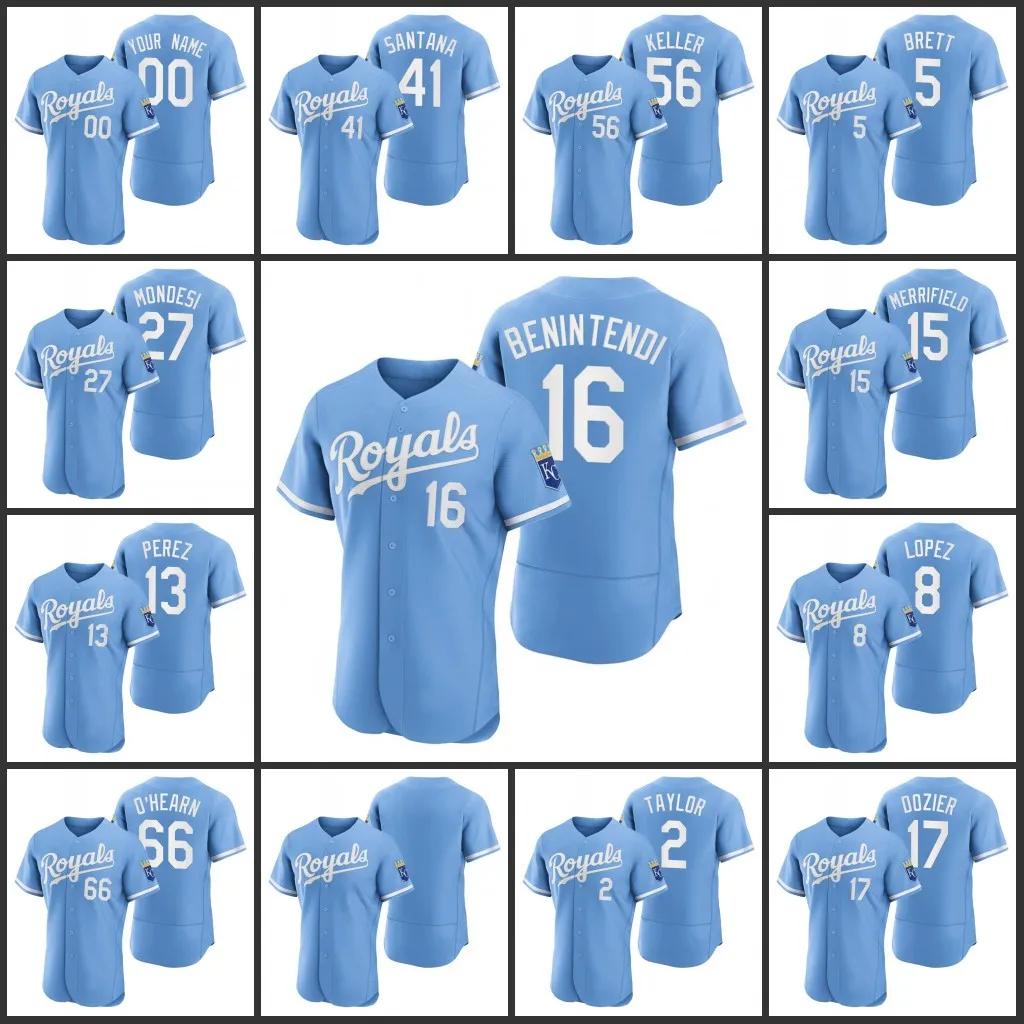 Kansas City''Royals''Hommes Femmes Jeunes Brad Keller George Brett Salvador Perez Whit Merrifield Andrew Benintendi Maillot authentique bleu poudre personnalisé