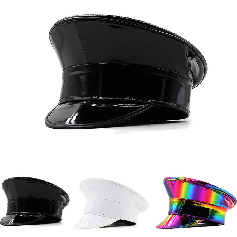 Boinas wmen pu de couro de couro de couro militar masculino arco -íris laser patente PVC Capitão Cap Prom Performation Bar Cosplay Show Cool Beret 230822