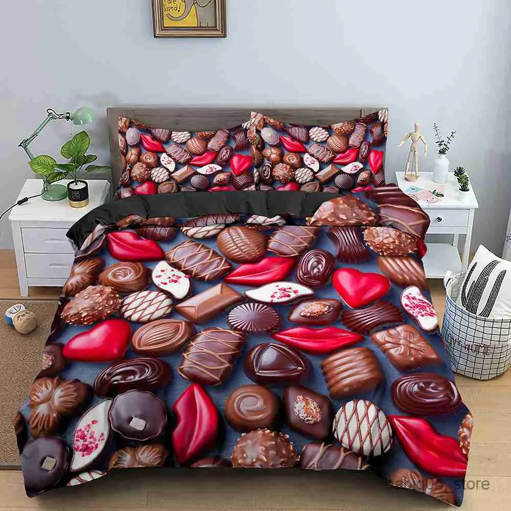 Bedding sets Macaron Chocolate Bedding Set Colorful Duvet Cover 3D Print Comforter Cover Dessert Food Girls Bed 2/3pcs R230901