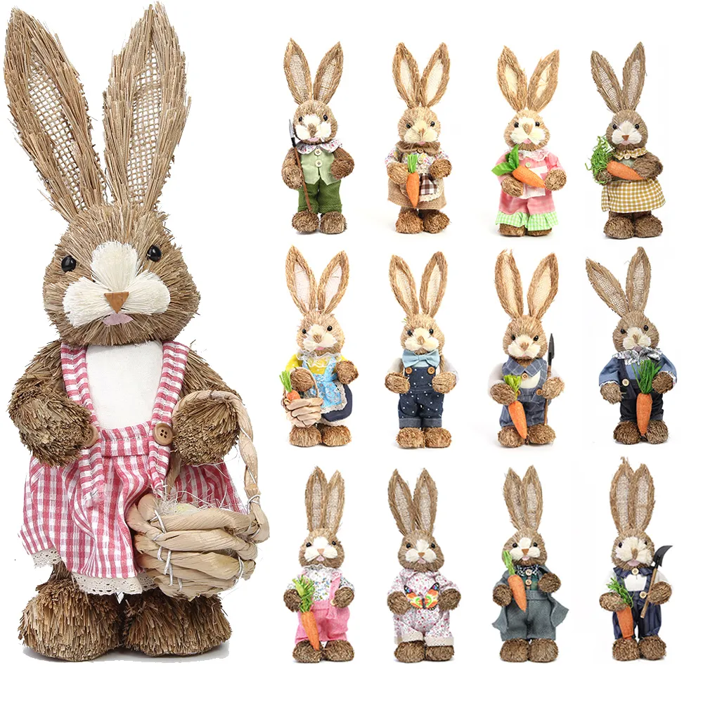 Decorative Objects Figurines Cute Straw Standing Rabbits Easter Decorations Party Supplies Home Garden Bunny Ornament Theme 230822