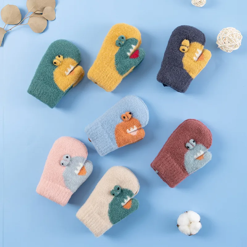 Feplo di festa Bambini carino cartone animato Dinosauro caldo a doppio mittens spesso bambino sospeso guanto inverno guanti morbidi guanti regalo di Natale 2pcs/coppia Q513