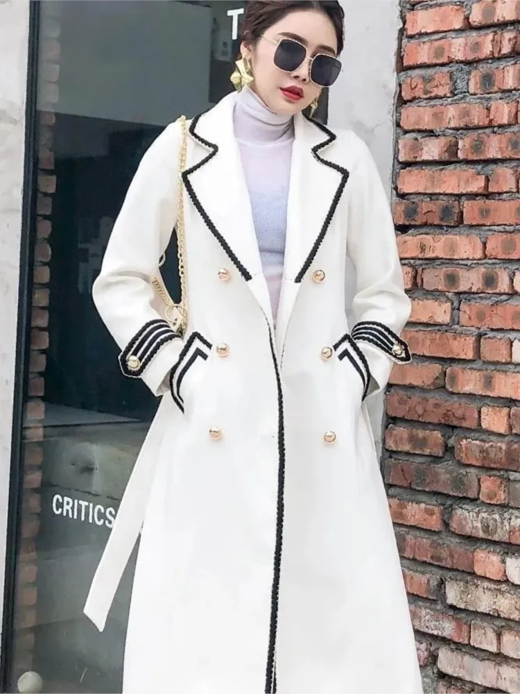 Womens Wool Blends White Woolen Coat Women Midlength AutumnWinter Jacket British Hepburn Thicken Slim Black Doublebreasted Trench 230822