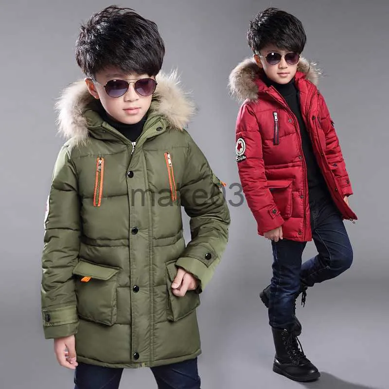 Down Coat Children's down jacket new winter boys' and girls' Plush warm medium length jacket hooded large wool collar cotton padded jacket J230823