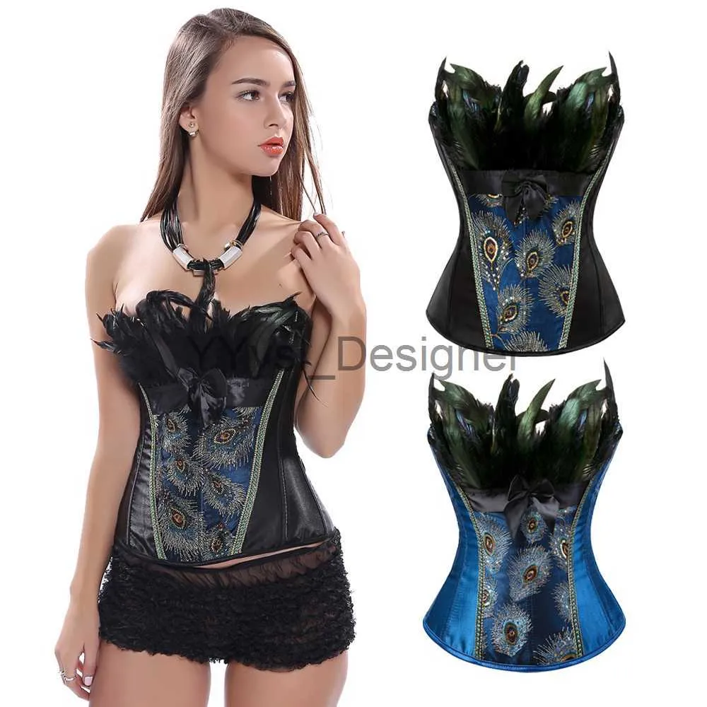 Corsets Steampunk Feather Peacock Glitter Pirate Showgirl Bustier Top  Basque Carnival Costume for Women Party Club Night Femme x0823