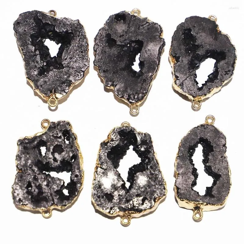 Pendentif Colliers Vendre Pierre Naturelle Tranche Noir Agates Irrégulière Double Trou Connecteur Bijoux Fabrication Bracelet Accessoires 5pcs