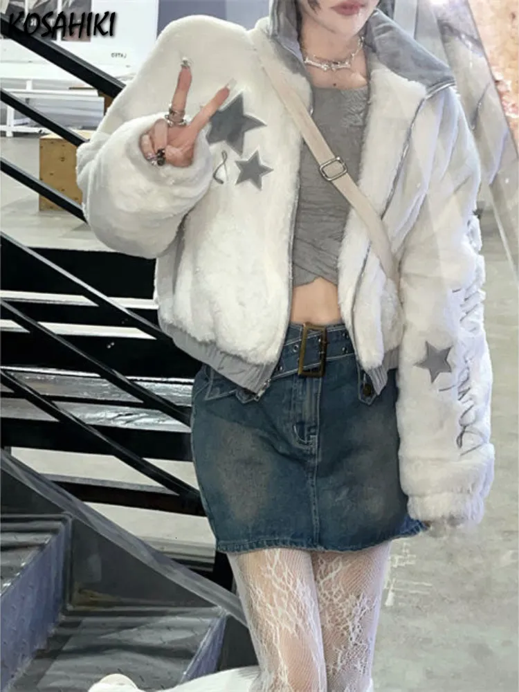 Женские куртки Kosahiki Harajuku Укороченная куртка Женщины Осень зимняя винтажная пушистое пальто Y2K Эстетическая звездная вышивка из искусственного меха 230822