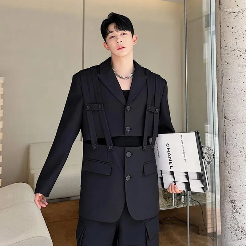 Herrdräkter Syuhgfa Korean Chic Blazer Autumn Designer dekonstruerade Suspender Panel Tuncated Shoulder Pad Suit 2023 Niche