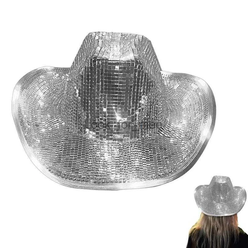 Ljus upp disco cowboy hatt med ljusutrymme mjukt handgjorda mesh accenter glitter blinkande cowboy mössor gåvor för älskare fru hkd230823