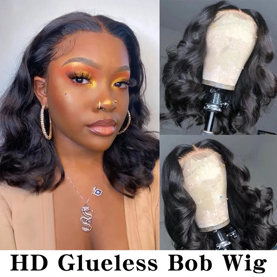 Glueless Wig Human Hair220％密度ボブヘアウィッグヒューマンヘア4x4ボディウェーブ閉鎖人間の髪のかつらプリックプリカットヘアライン