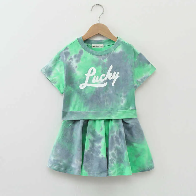 Ensembles de vêtements 2 pièces Tie Dye été grands enfants bébé grandes filles vêtements hauts T-shirt + jupe pour 10 11 13 14 15 16 ans 150 cm 160 cm hauteur