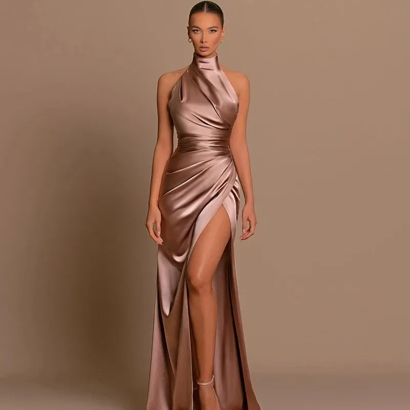 Elegant Square Neck Long Party Dress Beige Satin Mermiad Prom Evening Dress main image 0