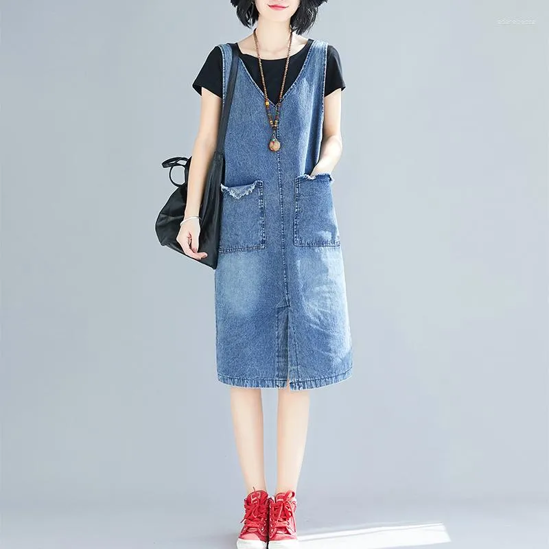 Lässige Kleider Denim-Gurtkleid Frauen langer Sommer koreanischer eleganter Taschenhülle mit V-Ausschnitt Pullover Jeans weiblich