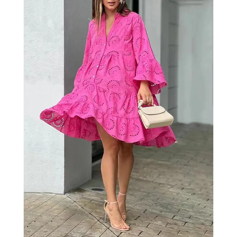 Basic Casual Dresses Summer Elegant Loose Women Dress Hollow Out Pattern V Neck Flare Sleeve Embroidery Ladies Beach Sexy Mini Vestidos 230822