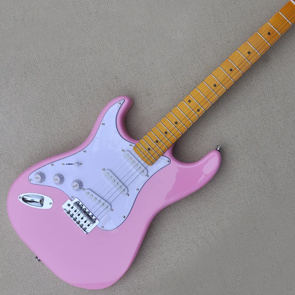 6 Strings Pink Left Hand Electric Guitar with SSS Pickups White Pickguard Customizable