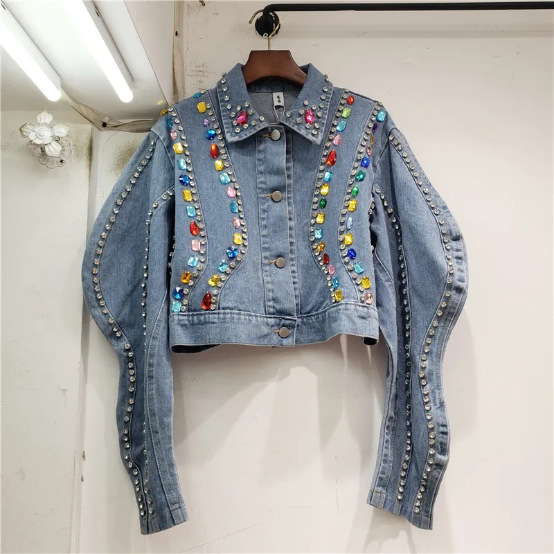 Womens Jackets Curved Wave Colorful Diamonds Beaded Denim Coat Washed Lantern Sleeve Sequins Jeans Jacket High Waist Crystal Cowboy Cardigan 230822