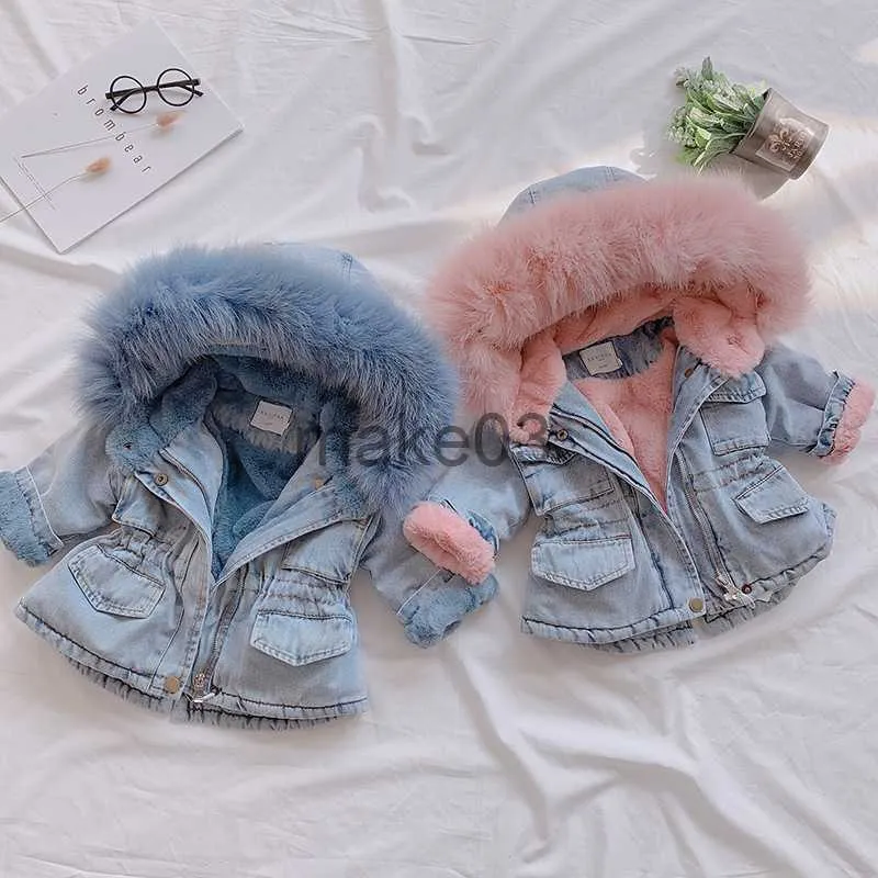 Down Coat Baby Girls Coats Clothes 2023 Winter Denim Jackets With Fur Hooded Coats For Girls Cotton Thicken Children Clothing Girl Jackets J230823